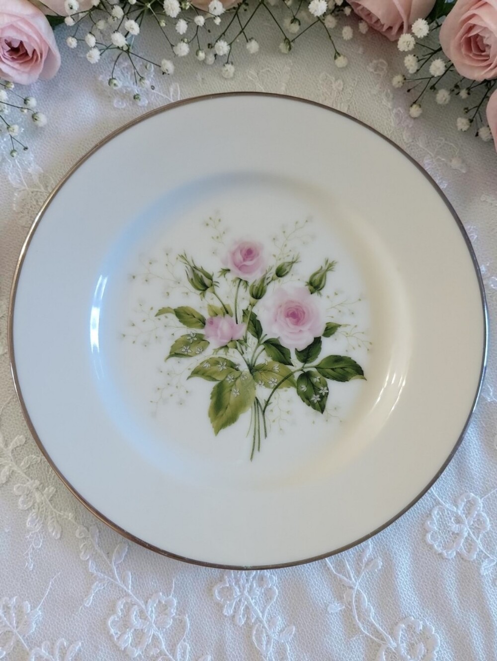 Vtg 1986 Bread Butter Plate RSO1 Royal Sovereign USA Pink Roses Baby's Breath